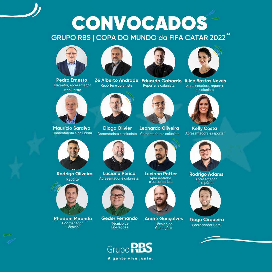 Vamos juntos buscar a sexta estrela?

Hoje foi dia de divulgar a lista de selecionados do Grupo RBS. São 16 jornalistas e comunicadores rumo ao Catar, para você viver esse momento junto com a gente!

Vem conhecer os selecionados! ⚽️💚