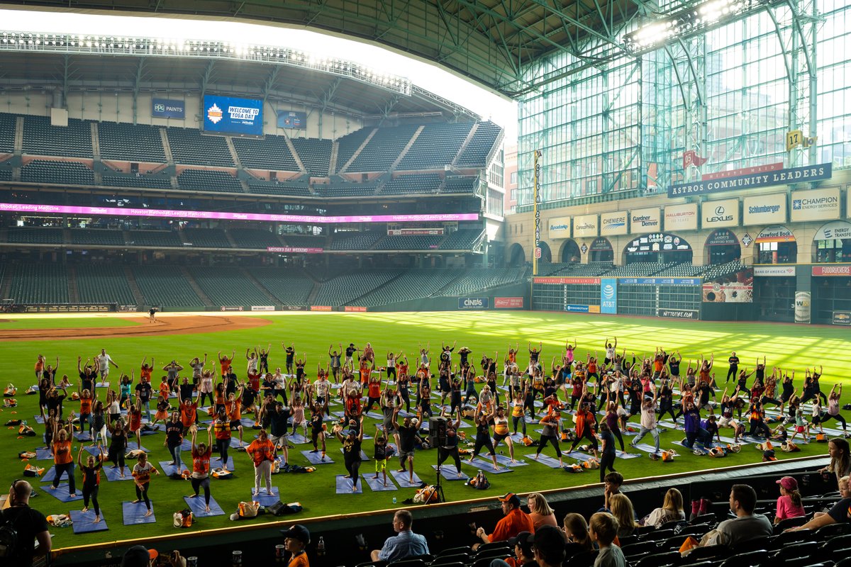 astros's tweet photo. Join us for yoga on the field after Sunday's game with the Yoga Day add-on package.

🧘: https://t.co/1ypGmtNfT2 https://t.co/H9jFOri98j
