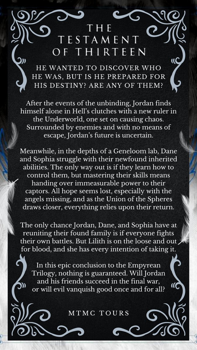 mtmctours's tweet photo. Welcome to our Bookstagram tour for The Testament of Thirteen by @saramschaller!!📖✨ In this epic conclusion to the Empyrean Trilogy, nothing is guaranteed. This YA Fantasy series is out now from Designs by Seraphim! Follow the tour below! 🔥😍 https://t.co/48yoMQeBGn