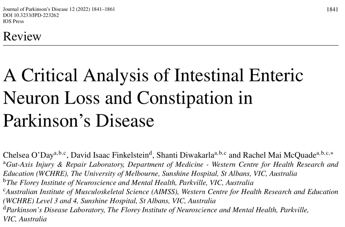 journal_PD's tweet photo. The etiology of #Constipation in #Parkinson's is largely unknown. Chelsea O'Day and colleagues review the evidence regarding intestinal enteric neuron loss in this #OpenAccess paper in the #JournalPD. https://t.co/NEjMdc6s0I https://t.co/9WTH1PagrM