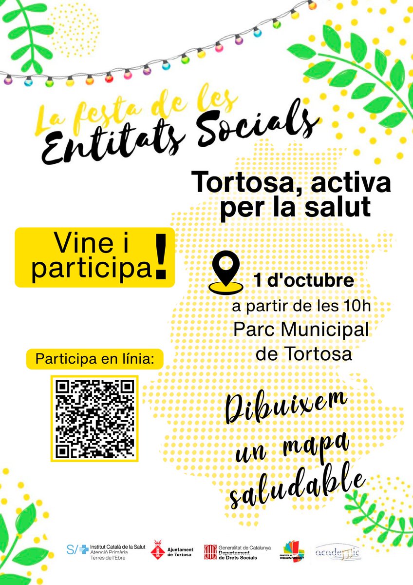 Actius de salut son totes les activitats o llocs que milloren el nostre benestar.

L'1 d'octubre, a la festa de les entitats socials, dibuixarem entre tots el mapa dels actius de salut de Tortosa. 

Entre tots podem construir una Tortosa més saludable!