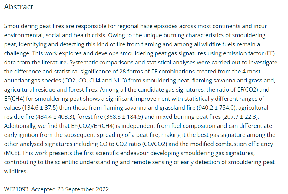 GuillermoRein's tweet photo. I am tremendously happy with this paper led by @yuqihu1990, just accepted in International Journal of Wildland Fire @IJWildlandFire. Thank you @ERC for funding it!
*Development of gas signatures of smouldering peat wildfires from emission factors*
https://t.co/L8S5HKparQ https://t.co/LhlF43XbPv