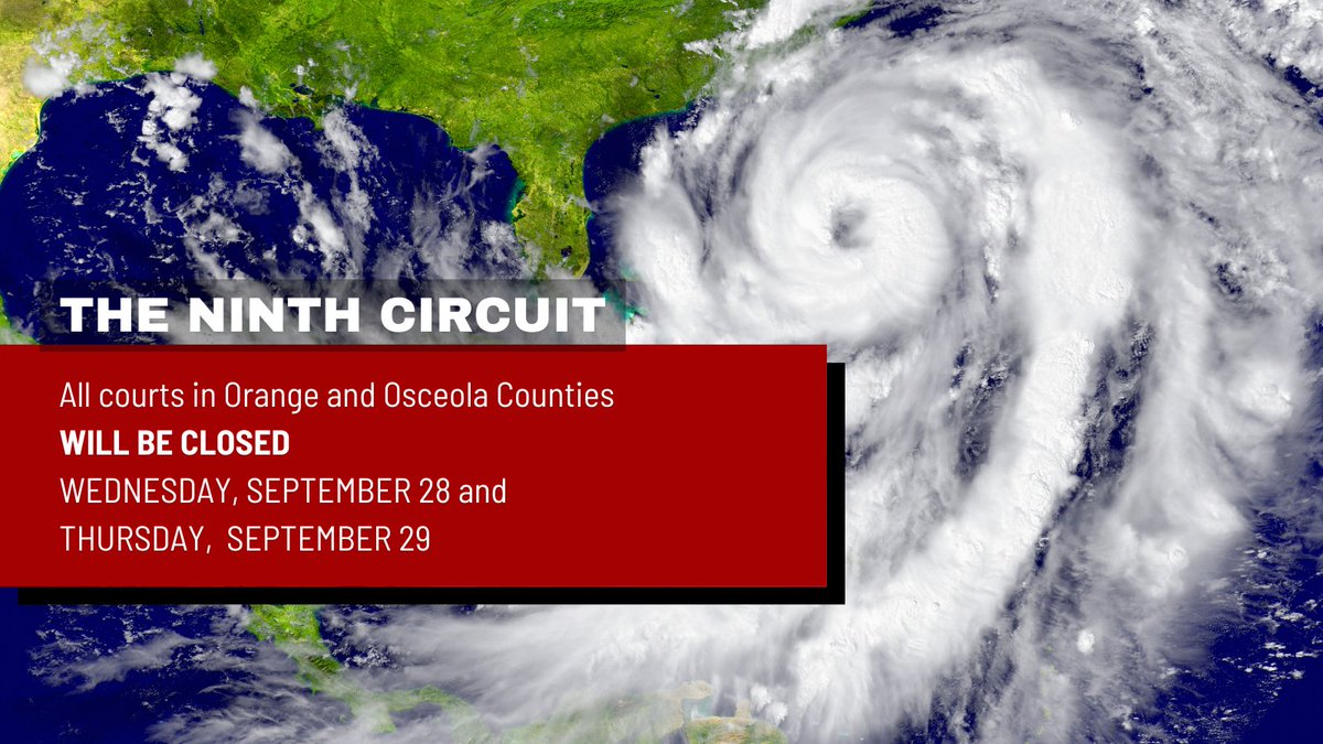 All Orange and Osceola County courts will be closed Wednesday, September 28 and Thursday, September 29. 
For updates, please continue to follow us here or call the Circuit’s information line (407) 836-2335.