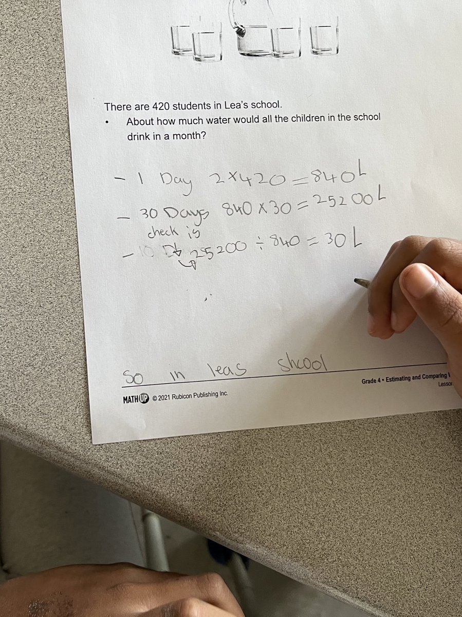 CassidyHDSB's tweet photo. Today we looked at making and evaluating good estimation skills thanks to MathUp  as we looked at how much water our school would drink in a month @GS_Gators #hdsbsharesmath https://t.co/6fcC7tueVT