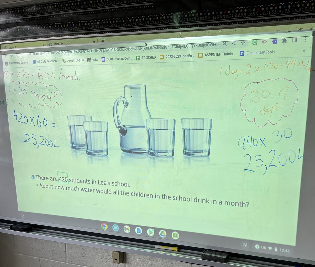 CassidyHDSB's tweet photo. Today we looked at making and evaluating good estimation skills thanks to MathUp  as we looked at how much water our school would drink in a month @GS_Gators #hdsbsharesmath https://t.co/6fcC7tueVT