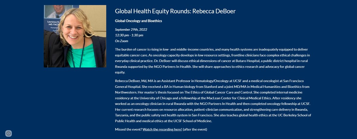 UM_GHEquity's tweet photo. This Thursday at 12:30 pm, we're excited to have @UCSFHospitals's @BeckyJaneDB present on #globaloncology and #bioethics! Deets here: https://t.co/1lYyeaEHJQ https://t.co/sAzgjerseK