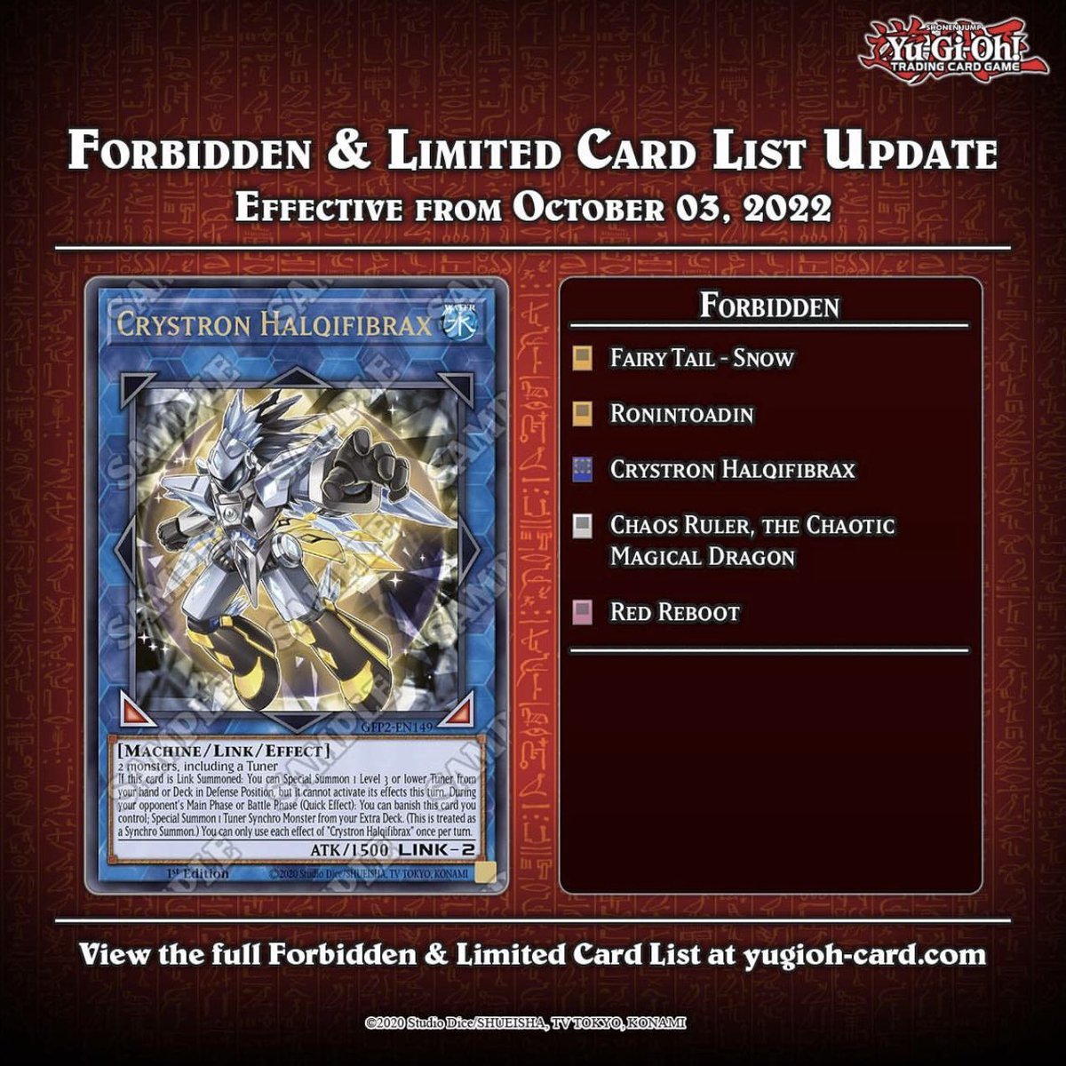 yugi__101's tweet photo. #NEWBANLIST╺ Ya por fin tenemos nuevo #TCGBanlist y este es oficial desde esté próximo 3 de Octubre 2022.🀄︎

#yugi101 #yugioh #yugiohcards #yugiohgame #yugiohfan #masterduel #konami #tradingcards https://t.co/YavrUDg7Cl