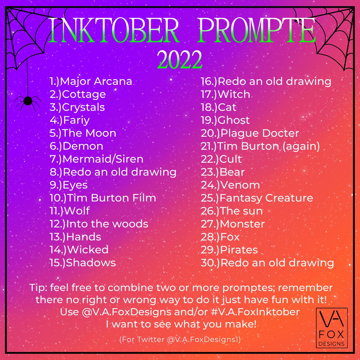 VAFoxDesigns1's tweet photo. I AM ALIVE AND PREPARED FOR INKTOBER! Tag me if you use any of them I’d like to see what you make!💜🧡💚 #Inktober #drawingchallenge #inktober2022 #inktoberpromptes https://t.co/coKChxGhfw