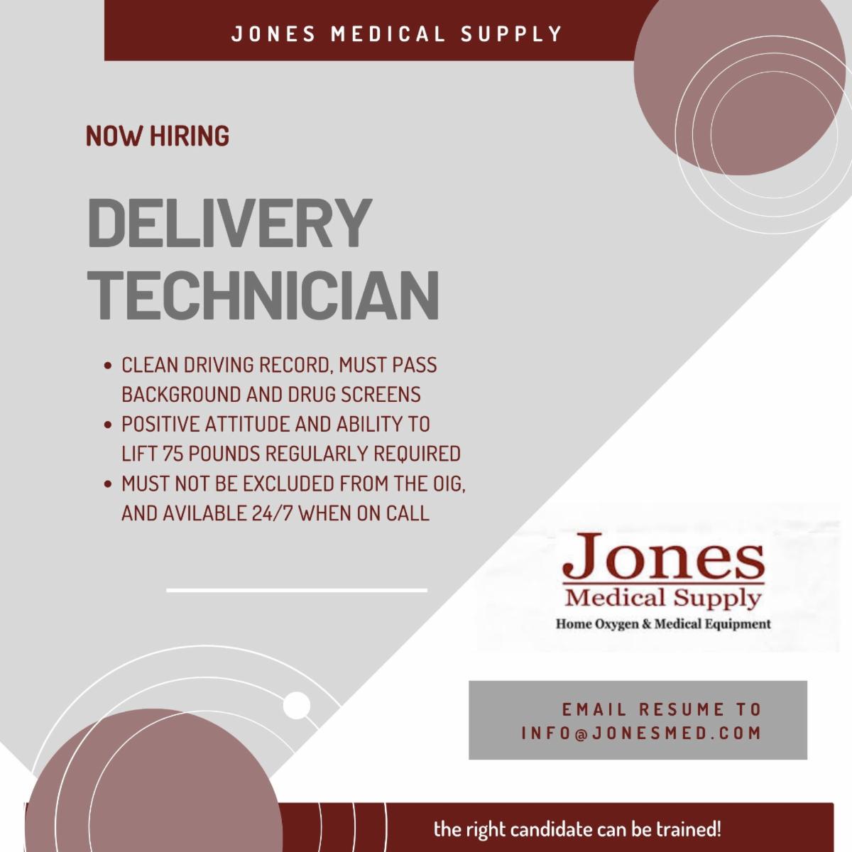 sealaworks's tweet photo. Jones Medical Supply is in need of a Delivery Technician! The right candidate can be trained, so email your resume to info@jonesmed.com to apply! #hiring #jonesmedicalsupply #delivery #southeastalabamaworks https://t.co/Yei1r5nowV