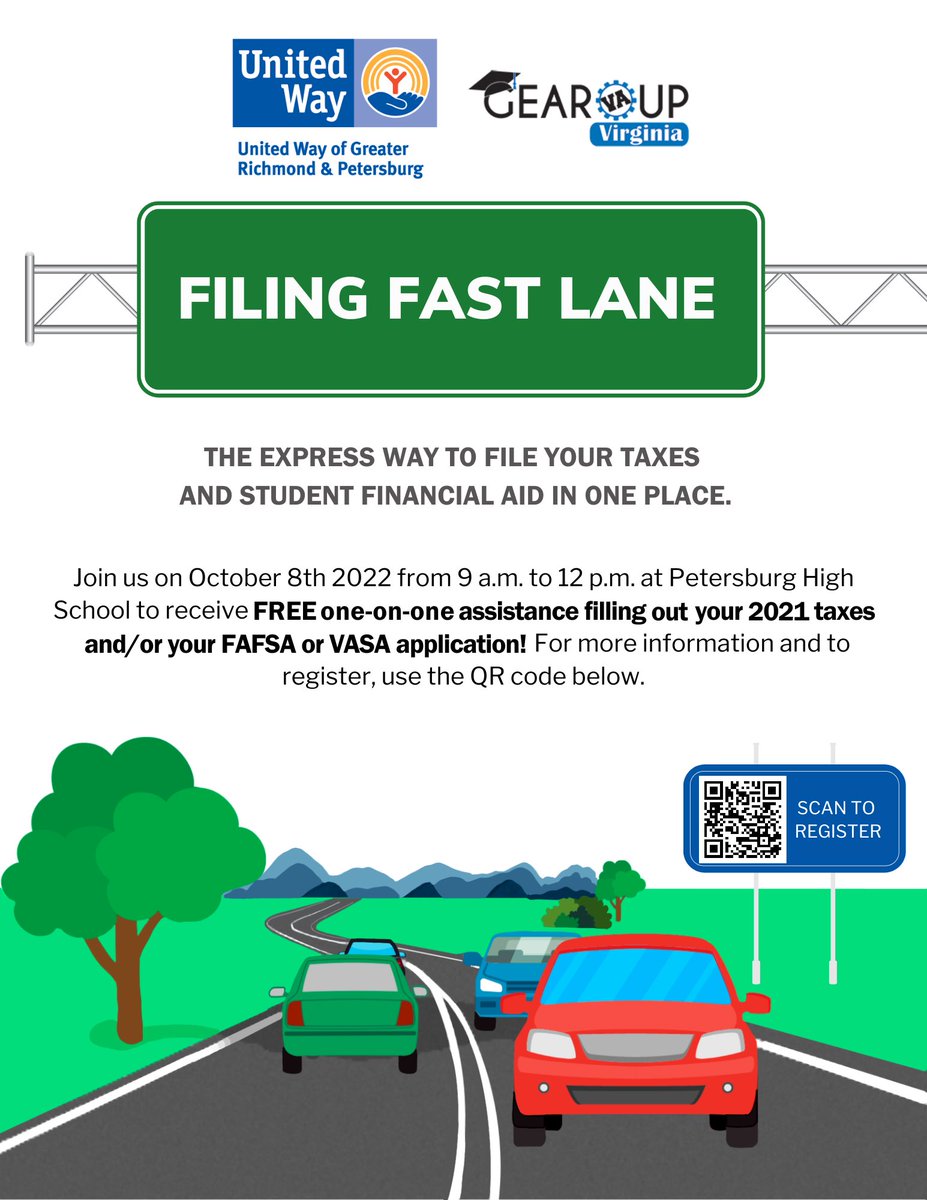 Wave_Counseling's tweet photo. Class of 2023 &amp; Families! Please join us on 10/8/22 9am-12 @ PHS to receive help completing your 2021 taxes &amp; FAFSA/VASA apps! Our friends @UnitedWayGRP &amp; @gearupva will be here to help you make sure your info is good to submit to @FAFSA!

Register at: https://t.co/ctlhlhE7Sr https://t.co/4JR3RFd9Tx