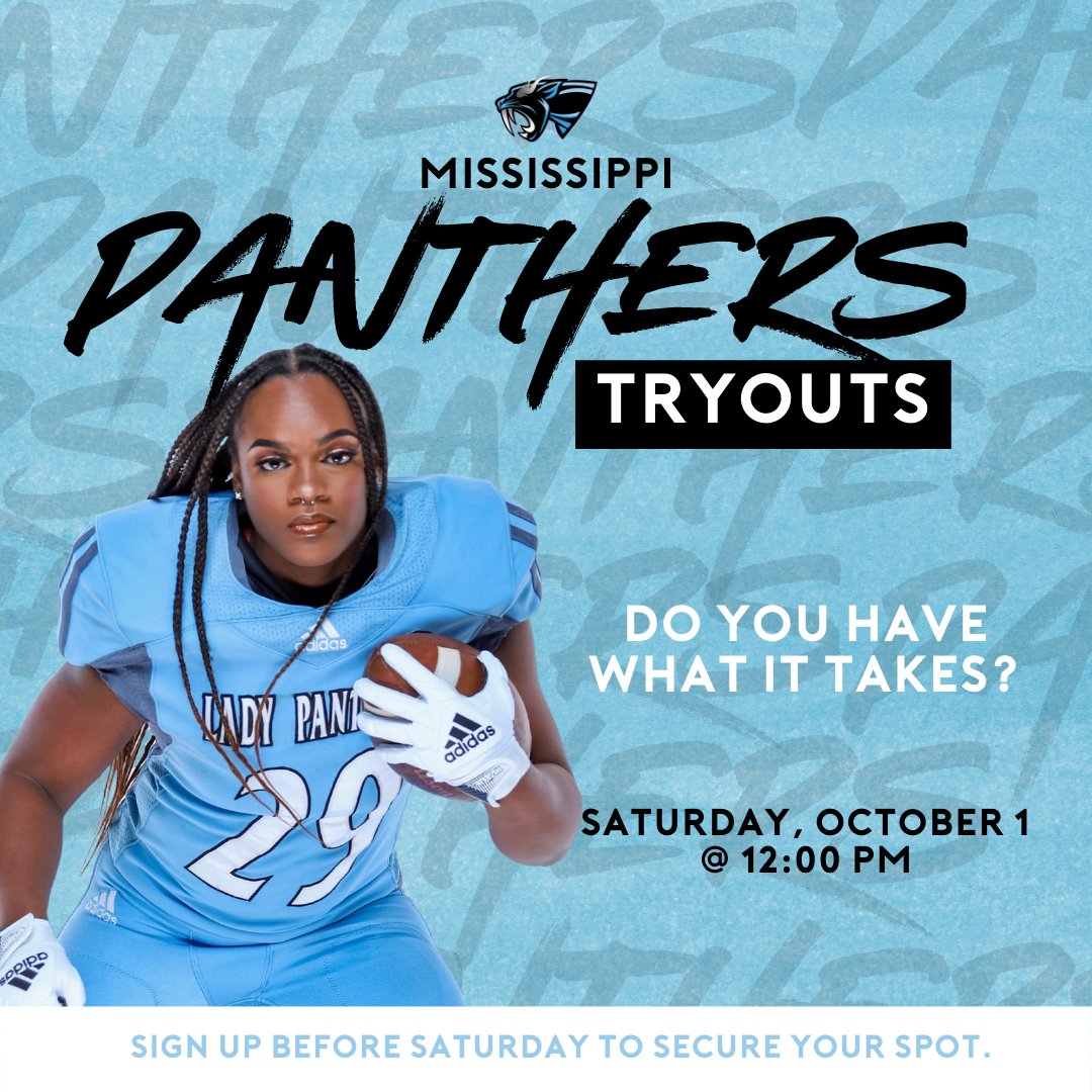 Do you have what it takes? THIS SATURDAY, we have our official 2023 Season #Tryouts. It's your chance to show us what you got and earn a spot on the Mississippi Panthers team.

Get all the details and sign up: loom.ly/flljkfg