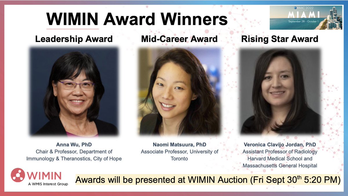 We are thrilled to announce the WIMIN Awards Winners this year 👏 
If you are attending in-person, please join us at our WIMIN Auction (Fri Sept 30th at 5:20 pm) and the opportunity these amazing women in our field.
<a href="/WMISWMIC/">WMIS WMIC</a> #WMIC2022 #WIMINwmic22
