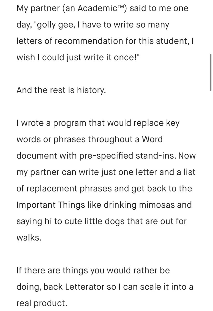 My partner wrote me some software to help write dozens of letters of recommendation more quickly. And now you can have it, too! 

Project description 😂 kickstarter.com/projects/rdbor…