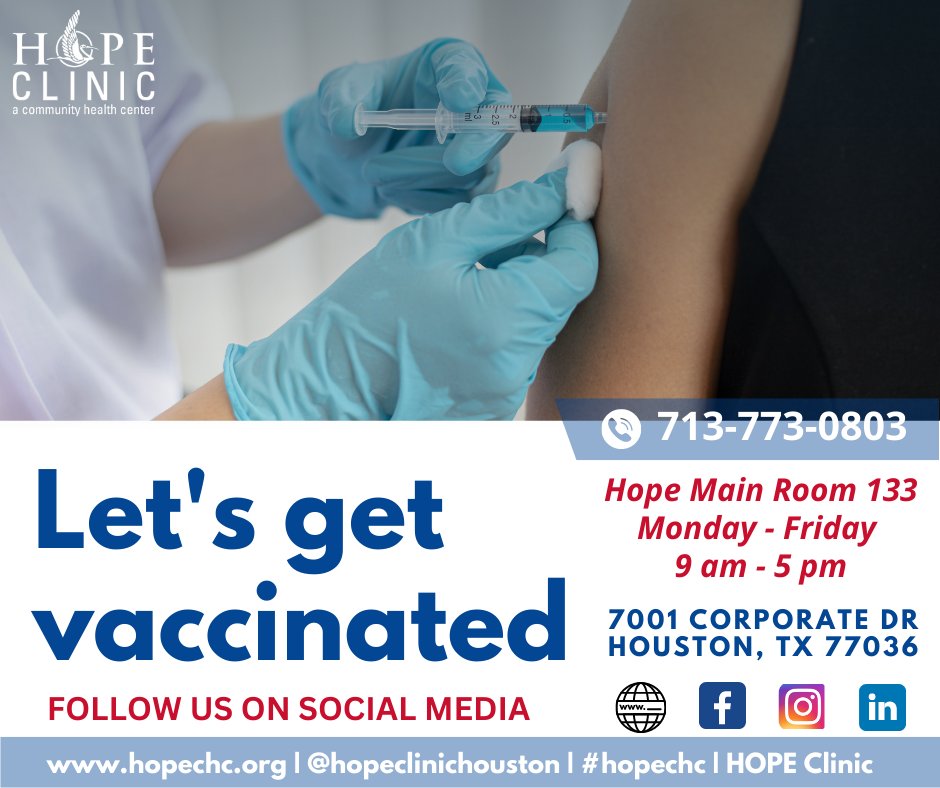 Let's get vaccinated! No appointment needed! Contact us at 713.773.0803 #covid-19 #vaccines #hopeclinic #noappointmentneeded