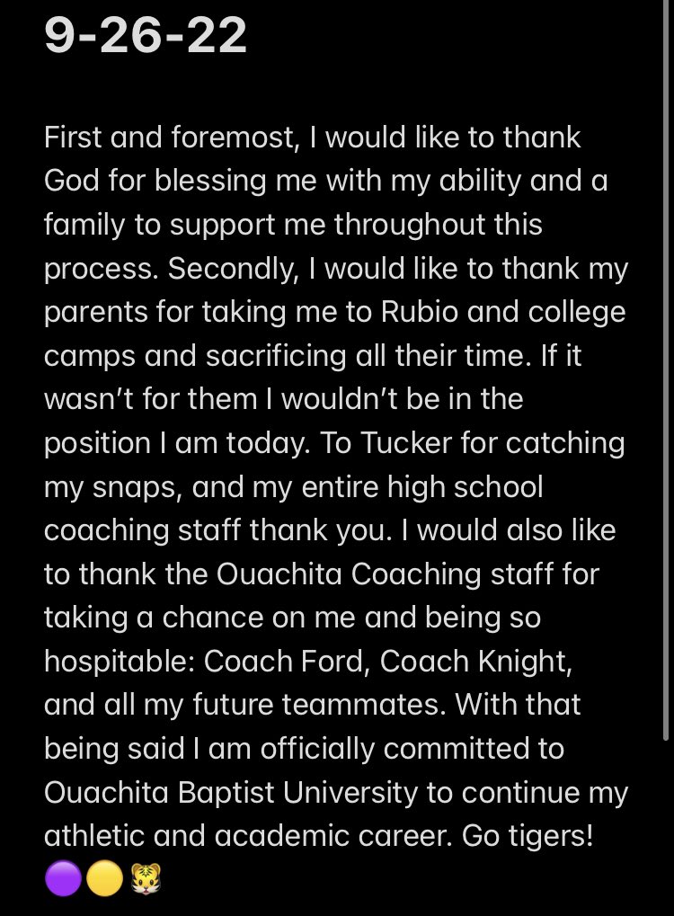After a phenomenal game day visit I would like to announce with the help of @Coach_JJFord I will be officially committing to play football on scholarship <a href="/Ouachita/">Ouachita Baptist University</a> Baptist University!! I’m beyond thankful for this opportunity and I can’t wait for what the next 4 years will bring!