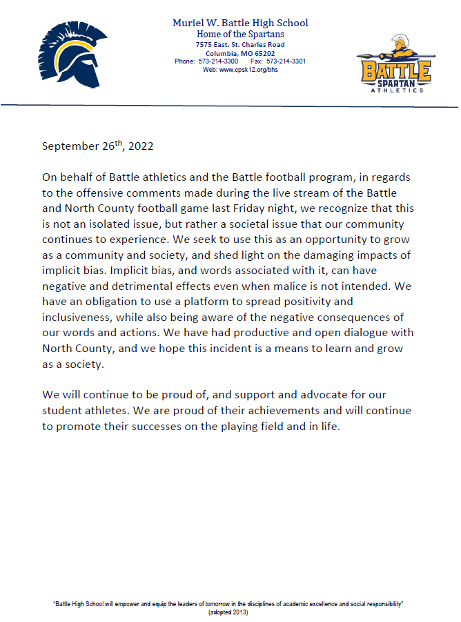 A release in regards to the Battle/North County football game broadcast on Friday, 9/23.