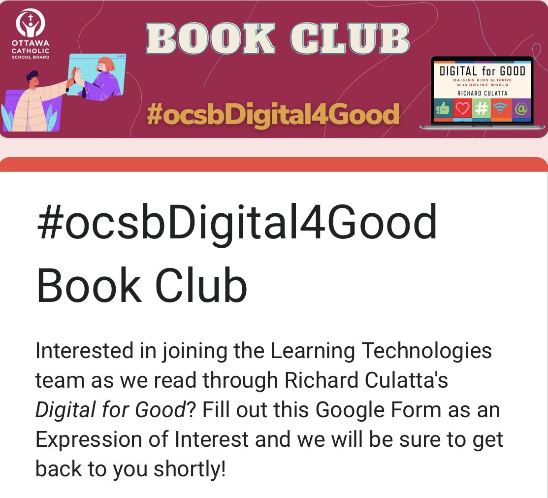 OCSB_LT's tweet photo. Hey #OCSB! Interested in joining the LT Team in some Book Club fun?! Dive deep with us as we unpack Digital For Good! Fill out the Google Form below to let us know if you’re interested! #ocsbDigital4Good ⤵️⤵️⤵️

https://t.co/y9DgBbqbXd https://t.co/MchQsl3ok1