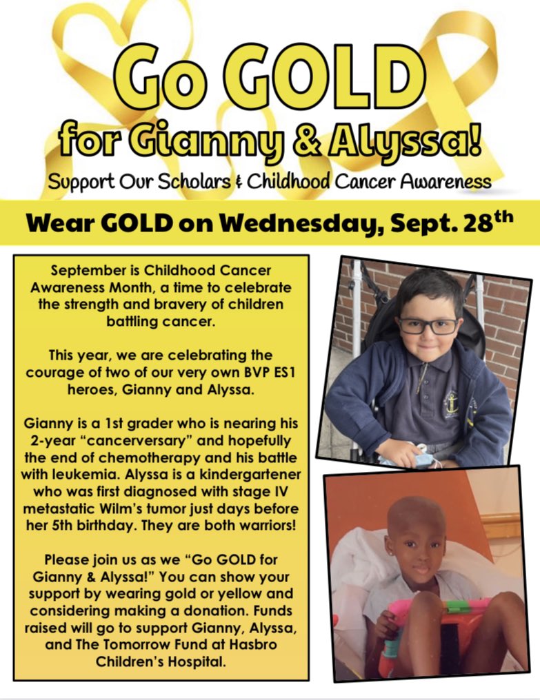 This Wednesday, 9/28, help us celebrate the strength of two BVP ES1 scholars battling childhood cancer. Let’s all “Go GOLD for Gianny and Alyssa!” gofund.me/70be8333 gofund.me/d21775cf