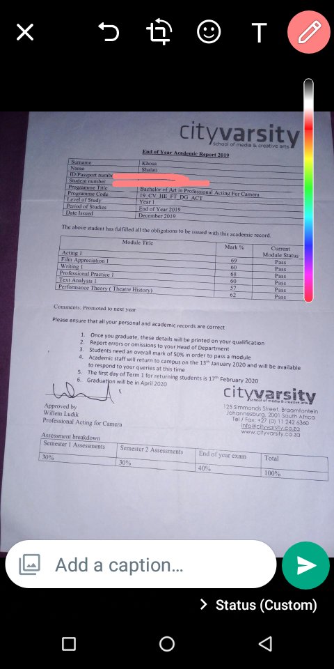 SGFlaco2's tweet photo. @Mutambavhu_SC @ayanda_yandiey_ My academic results on my first year at cityvarsity 2019 https://t.co/0hHgiOA66R