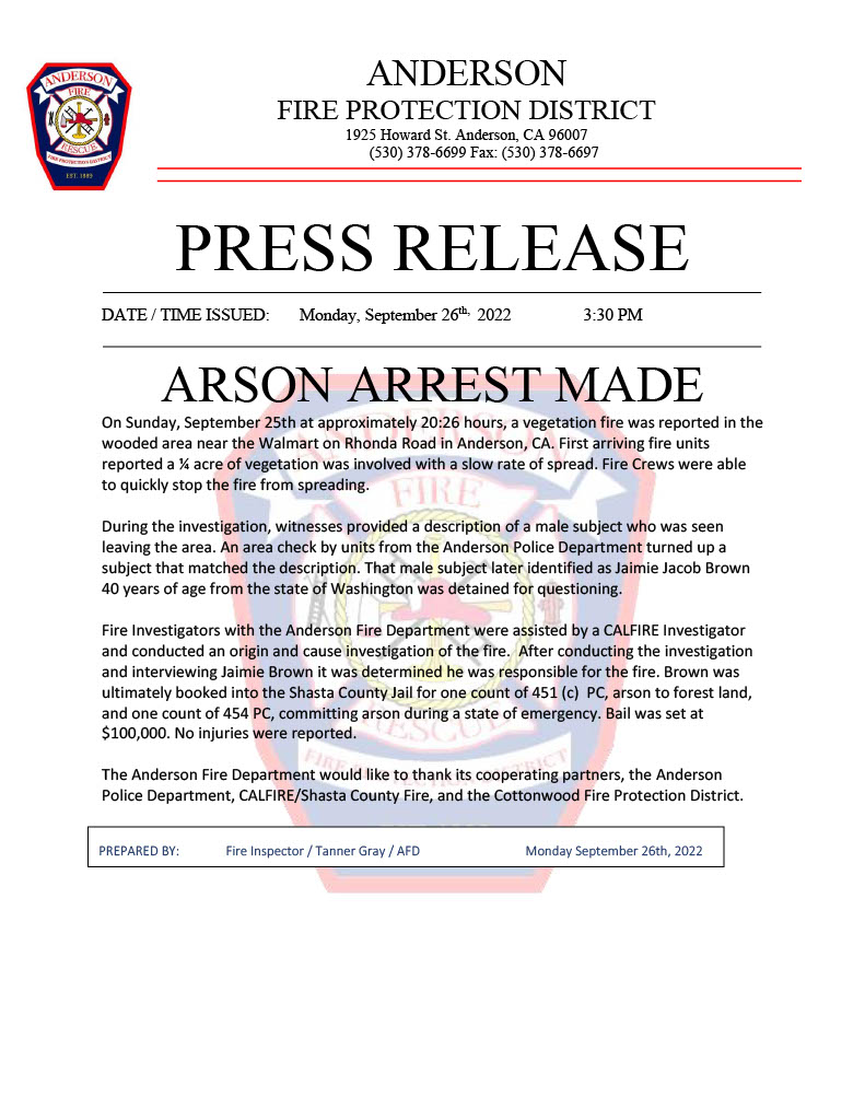 AndersonFire46's tweet photo. Arson Arrest Made. See the attached press release for further information. @AndersonPolice @CALFIRESHU https://t.co/bVdyn9k3E2