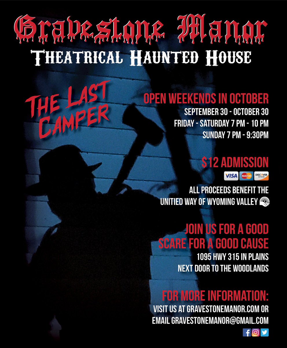 GravestoneManor's tweet photo. We’re back! Gravestone Manor opens this Friday at 7 PM! Come join us for a good scare for a good cause! https://t.co/VRLT5AQTvH