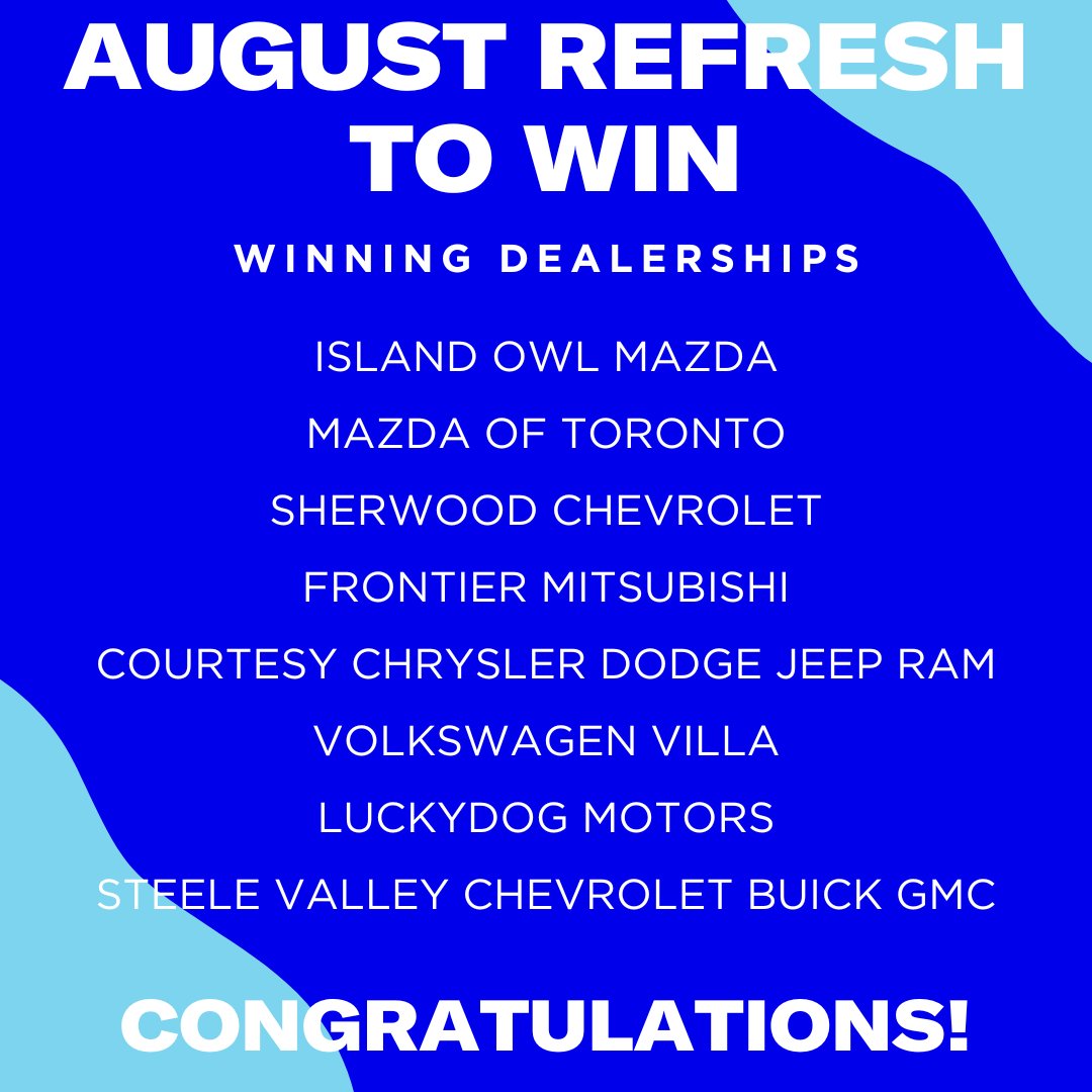 SXM_Auto's tweet photo. 🎉 Congrats to the winning dealerships of our August Refresh to Win contest. #ICYMI for September, you still have a chance to win 1 of 8 Marshall Speakers. Every radio refreshed on your SiriusXM-equipped pre-owned vehicle is a ticket to enter. https://t.co/RuDhh6dL9U