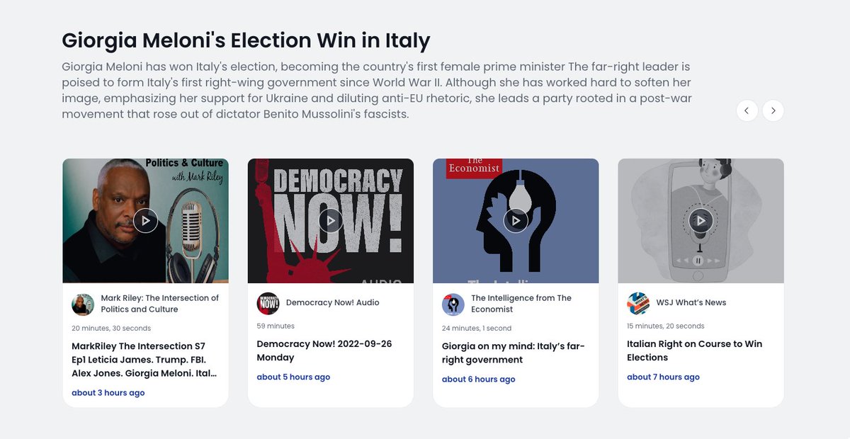 Balcao_'s tweet photo. Giorgia Meloni's Election Win in Italy: Far-right fascist or ultra-conservative?
We have curated a list of episodes from podcasts on both sides of the aisle that will help answer that question!
Checkout the story on our channel, "Progressive Discourse".
https://t.co/HpjiSNtNwy https://t.co/miLtwUIzjO