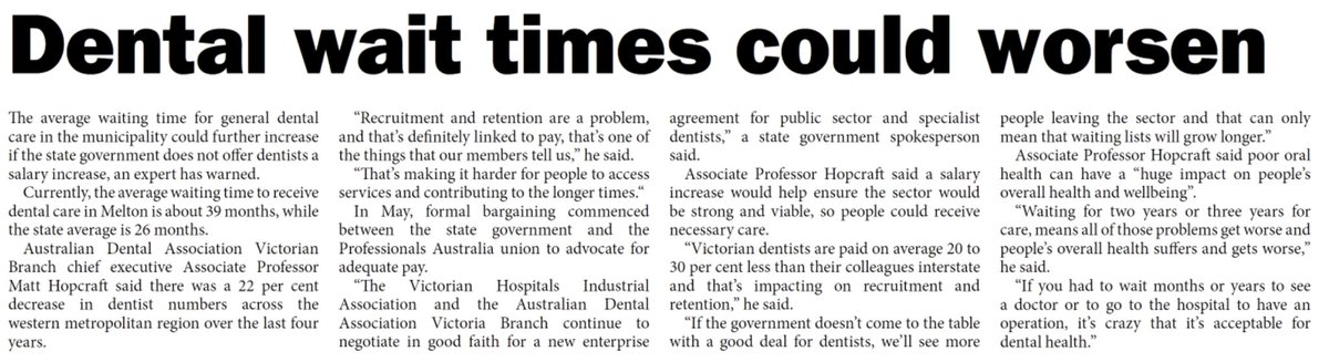 Matt_Hopcraft's tweet photo. Dental waiting times in Victoria likely to worsen.

The public sector enterprise agreement for dentists expired in June, and there is still no offer. Recruitment and retention is an ongoing problem, and burnout is a significant issue. Dental health is important too. 🦷 https://t.co/Z3MJ6PdeEQ