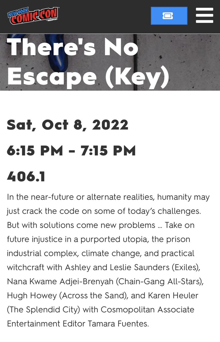 We are less than 2 weeks away from #NYCC and I am so excited to moderate this exciting book panel with <a href="/SaundersSisters/">Ashley + Leslie Saunders</a>, <a href="/NK_Adjei/">Nana K.</a>, <a href="/hughhowey/">Hugh Howey</a>, and @KarenHeuler! Hope to see you all there!