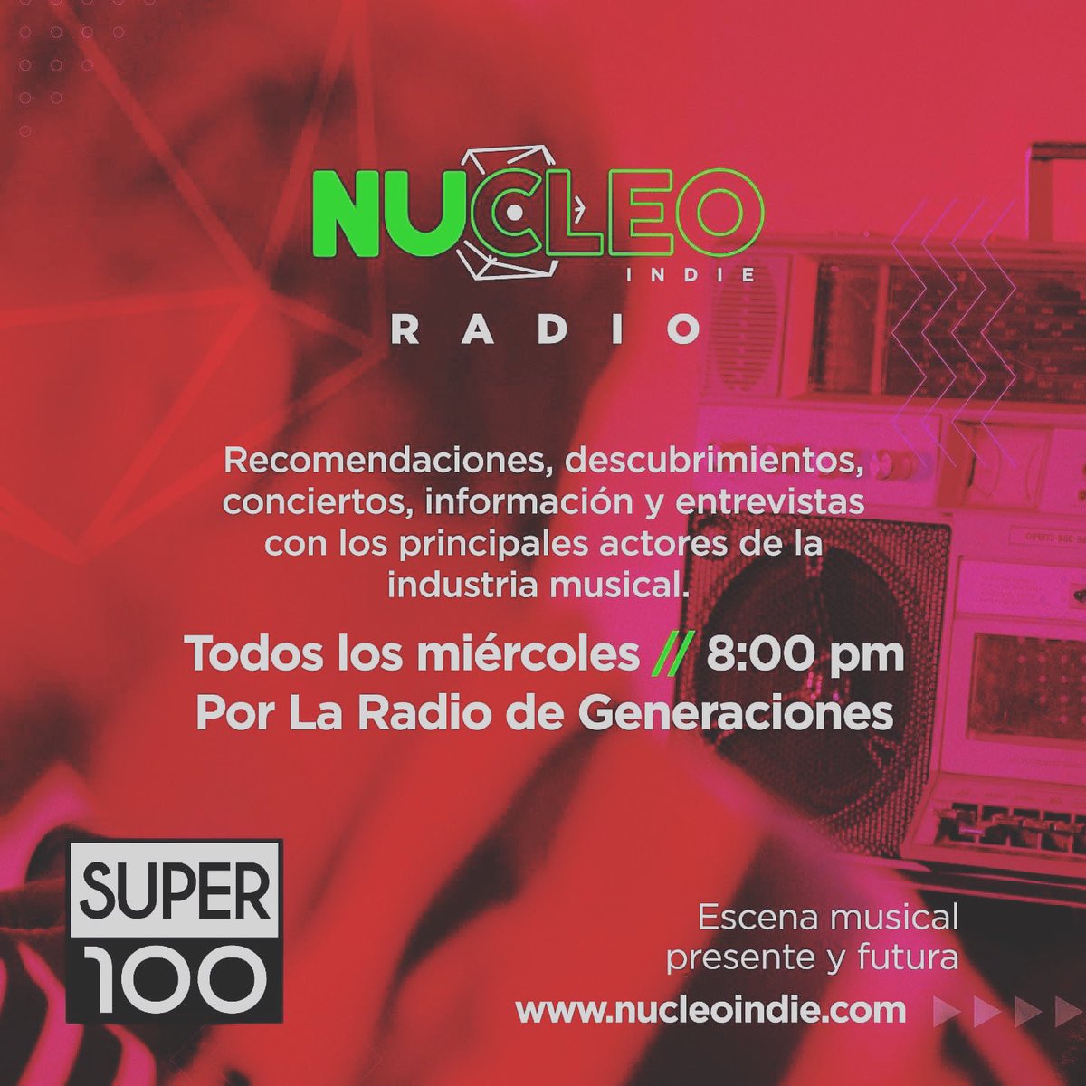 Sintonízanos todos los miércoles en #NucleoIndieRadio a través de <a href="/super100hn/">Super 100</a> para toda Honduras y el mundo 🌍 
🎧100.1 FM - Teg. / 94.9 FM - SPS