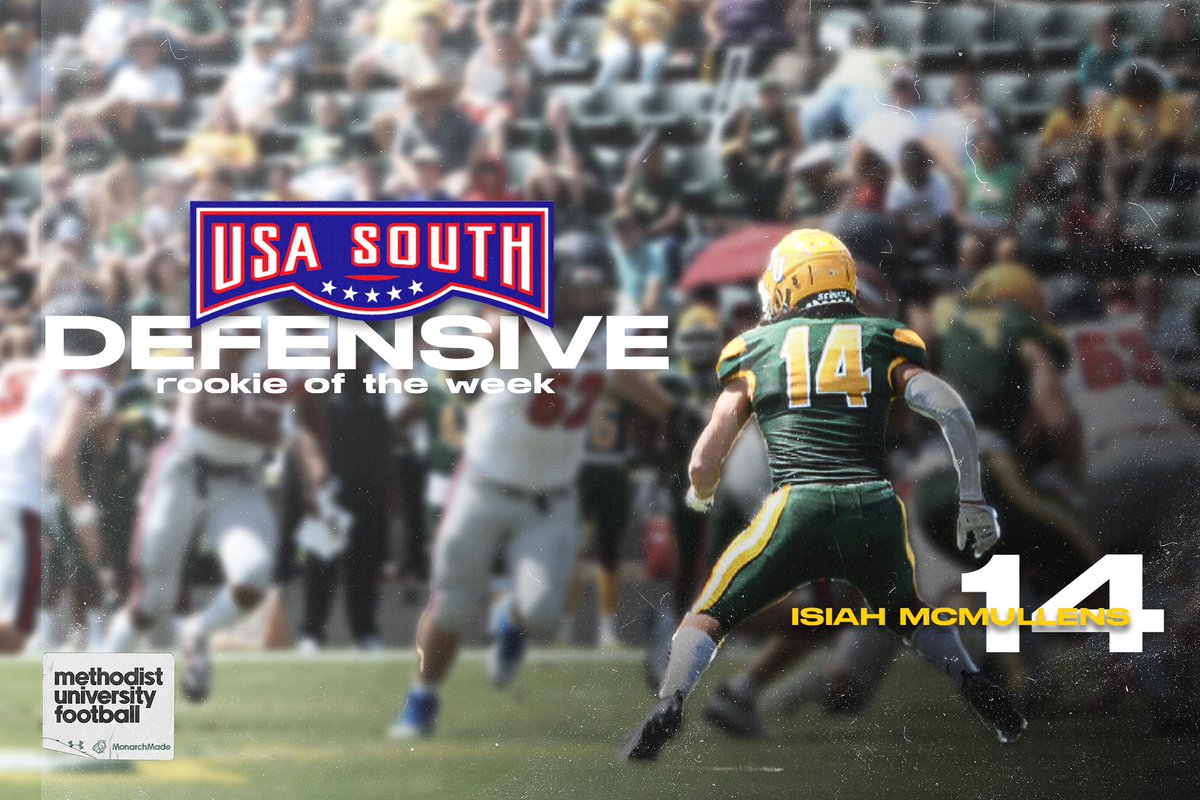 Methodist_FB's tweet photo. Isiah McMullens brings in USA South Defensive Rookie of the Week. He totaled seven tackles, including one for a loss! https://t.co/dP4vVkUFun