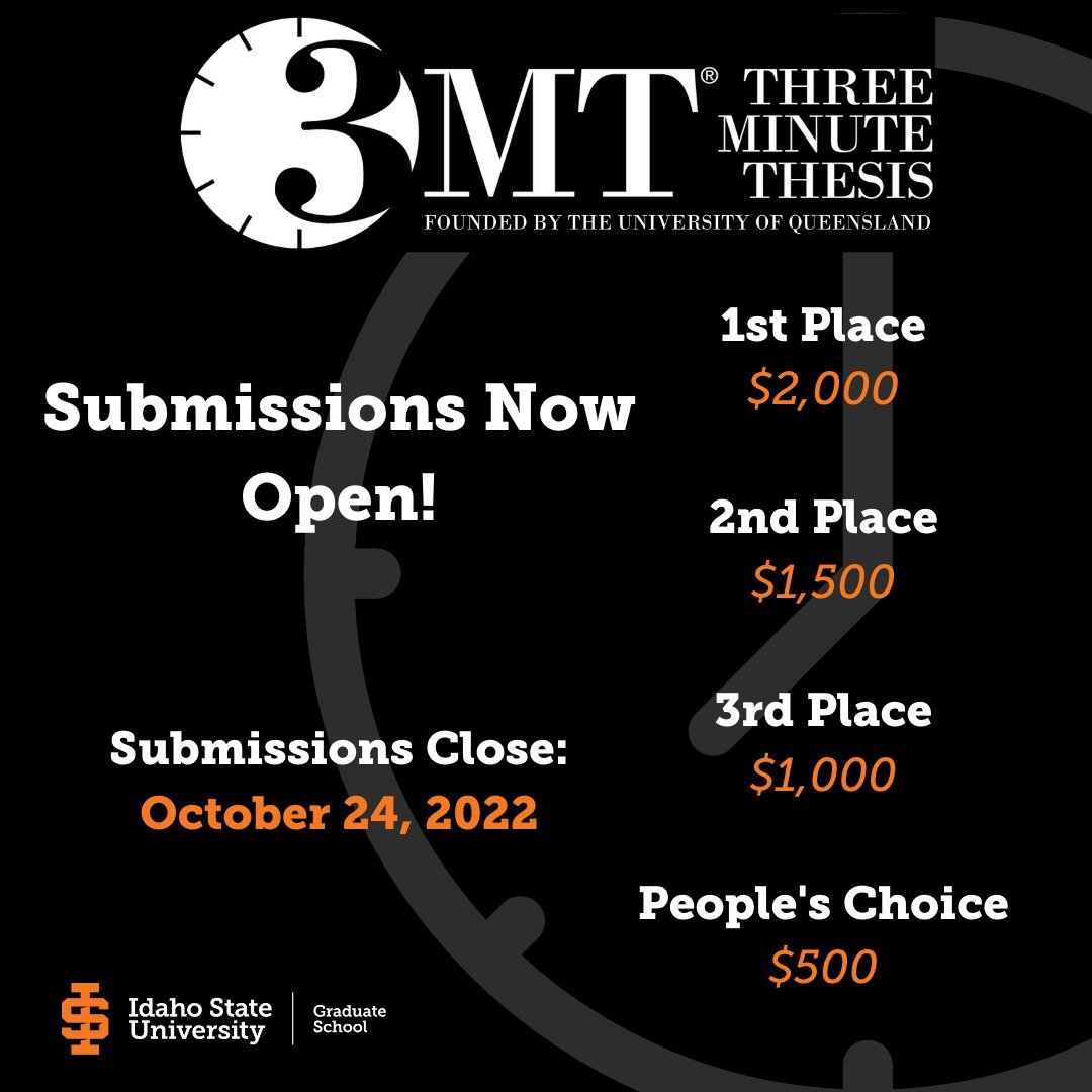 IdahoStateGrad's tweet photo. The 3 Minute Thesis is coming on 11/10.  #GradBengals who are ready to submit their request to present should do so by 10/25!  https://t.co/gNkox5tlcp https://t.co/JduQrrb7mB