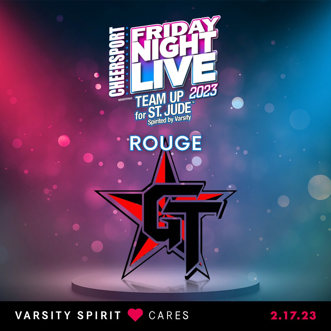CHEERSPORT Corp (@cheersportcorp) on Twitter photo #TeamUp4StJude with <a href="/GymTymeAS/">GymTyme All Stars</a> Rouge for #FridayNightLive23! 💛 Donate here ➡ bit.ly/GT_Rouge #TeamUp4StJude with <a href="/GymTymeAS/">GymTyme All Stars</a> Rouge for #FridayNightLive23! 💛 Donate here ➡ bit.ly/GT_Rouge