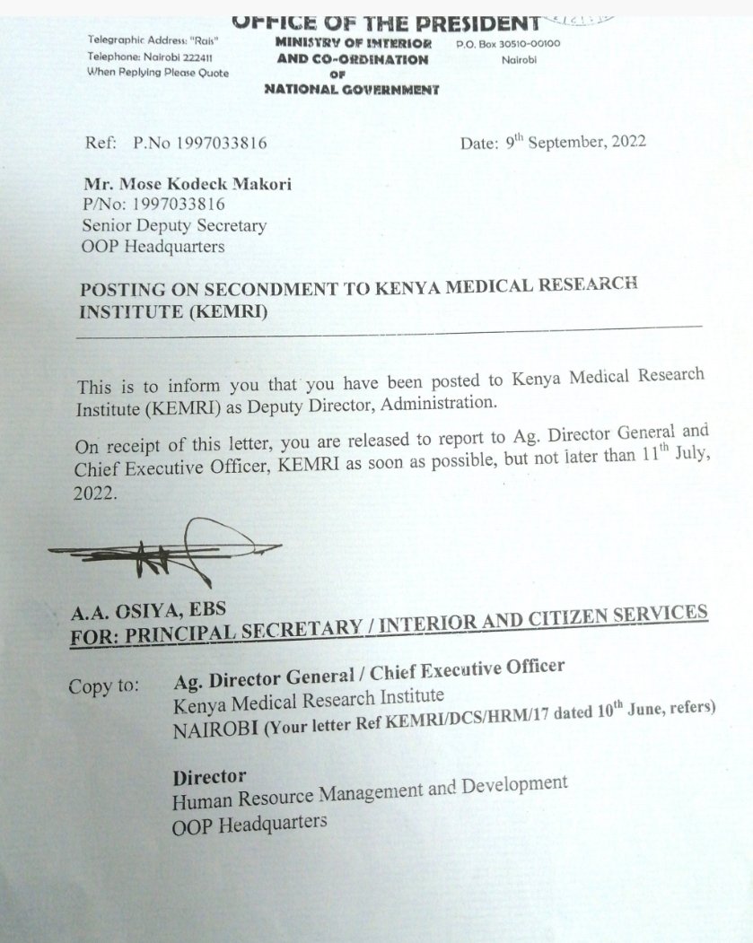 .<a href="/InteriorKE/">Ministry of Interior | Kenya</a> what is going on? <a href="/Karanjakibicho/">Dr. Eng. Karanja Kibicho</a> can you confirm you have nothing to do with this defiance of clear directives on appointments and deployment? In the process of defying, your juniors got so mixed up that the dates seemed to say hatupangwingwi...... <a href="/KEMRI_Kenya/">Kenya Medical Research Institute (KEMRI)</a>