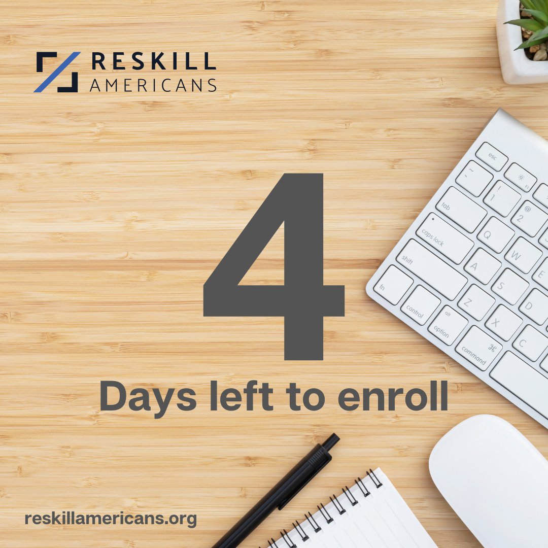 ReskillAmerica's tweet photo. Don't Delay! In 4 days, enrollment closes for our software development training. Over 7 months, you'll do team and solo projects, work on cross-functional teams, and build a portfolio to show future tech employers. Learn more and enroll on our website! https://t.co/vXx0FF0Hu3 https://t.co/t1Ha4dsGV2