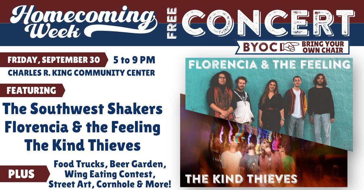Southwest’s 1st Annual Homecoming Week Concert is this Friday‼️
Florencia &amp; the Feeling &amp; <a href="/TheKindThieves/">The Kind Thieves</a>  will be at <a href="/swcc_tweets/">Southwest Virginia Community College</a> on Sept. 30th! No admission fee. Open to the community. We can’t wait to see everyone there!
#goSouthwest #HomecomingWeek #FreeConcert