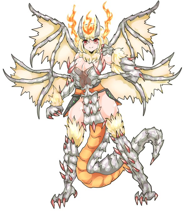 #魔物娘図鑑二次 #魔物娘図鑑 #monstergirl 
炎龍王「ホワイトレクス」
白銀に輝く炎のドラゴン。ドラゴニアを「大災厄」から救った勇者であり、今はドラゴニアの学園「龍学園ドラゴニエイル」で学園長の一人を務める。
恐ろしい程のドジっ子 