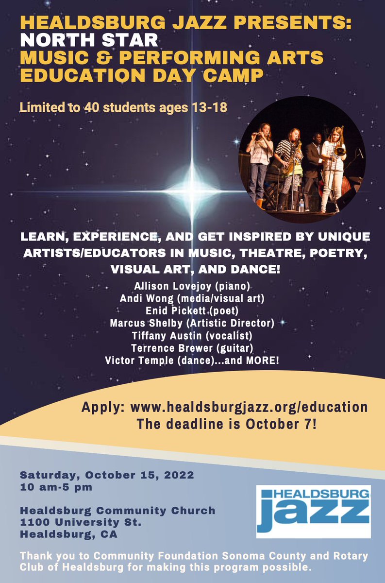 healdsburgjazz's tweet photo. Healdsburg Jazz invites teens ages 13 – 18 to experience an interdisciplinary approach to The Arts, led by an all-star teaching artist lineup, and guided by music as our North Star. https://t.co/drVwrdL696 https://t.co/RTwhPhomKF