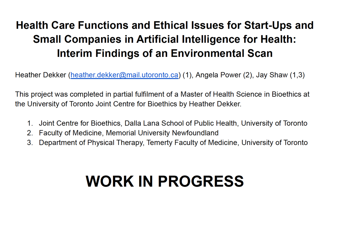 jayshaw29's tweet photo. 1/ Check out this environmental scan of AI for Health companies in Toronto, Montreal, Edmonton, mapped to functions of technologies and important ethical issues raised. 

Led by @HDekker_1 (new to Twitter!) and supervised by @AngelaPowerNL and I @utjcb 

https://t.co/KV9GJLx64k https://t.co/IMIQSkpZHy