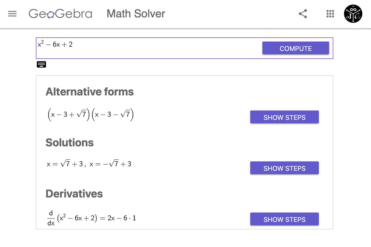 I just discovered that <a href="/geogebra/">GeoGebra</a> has a Math solver for quick algebraic explorations that you can easily share: 

geogebra.org/solver?i=x%5E(…

Cool! :)