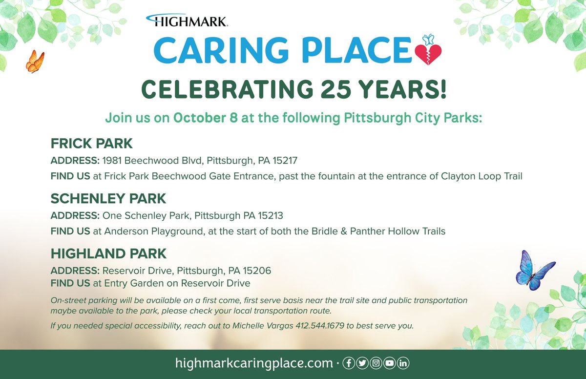 JOIN US Oct. 8 from 10AM-1PM at Frick Park, Schenley Park, and Highland Park in #Pittsburgh as we celebrate 25 years of the Highmark Caring Place with our The Nature of Grief Meditation Trails kick-off event!
 
Our #meditation trails will be available daily until Fri., Oct. 14.