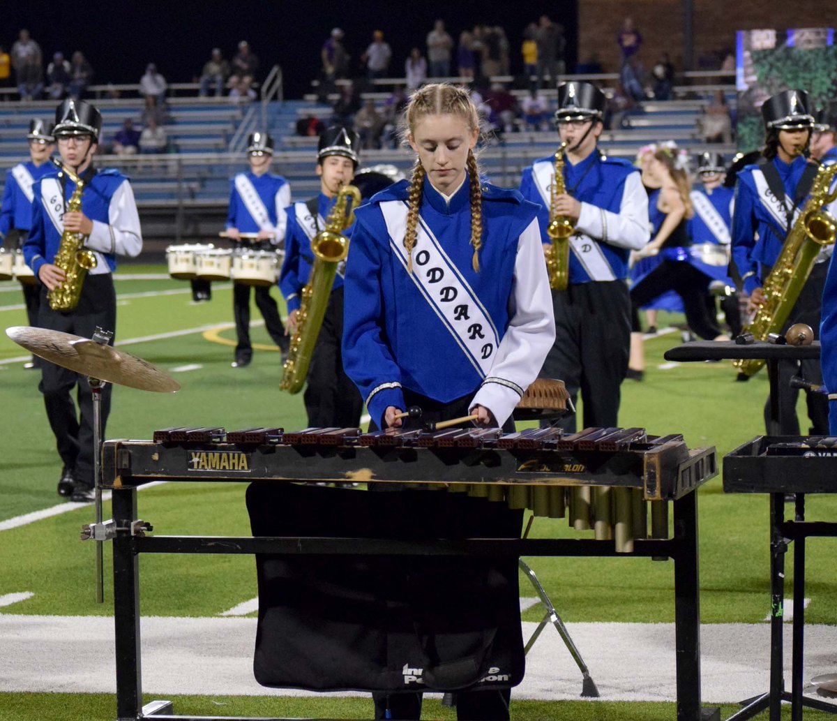 Goddard_Media's tweet photo. In full uniform, the band performed their halftime show under the Friday Night light. 
Photos by L. Rehse https://t.co/eXnBMuNwin