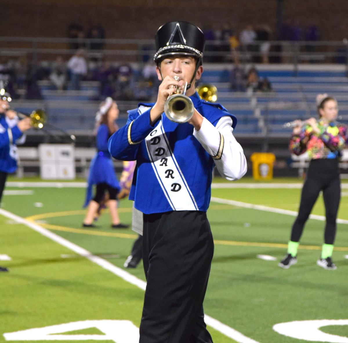 Goddard_Media's tweet photo. In full uniform, the band performed their halftime show under the Friday Night light. 
Photos by L. Rehse https://t.co/eXnBMuNwin