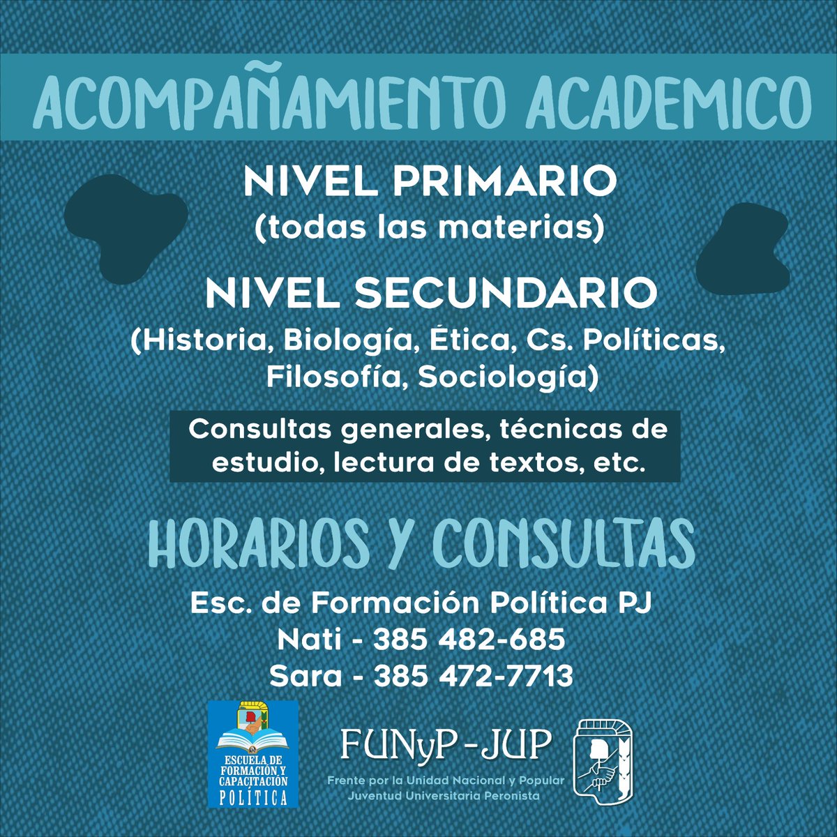 FUNyPUNSE's tweet photo. Invitamos a todos a las actividades organizadas y articuladas en conjunto con la Escuela de Formación Política del PJ 📚✌🏼
Para mas info:
Fb: Funyp Jup Unse
Tw: @FUNyPUNSE
Ig: @funypjupunse
O contactate con nuestras compañeras 💙
Nati - 3854826856
Sara - 3854727713
#FUNYP #JUP https://t.co/MRxt4WTzDa