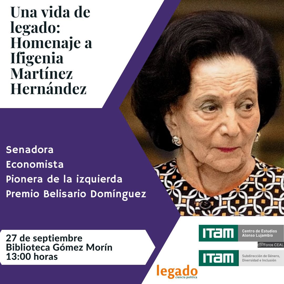 Mañana a las 13:00 H en la Biblioteca Goméz Morín, estará con nosotros la Mtra. <a href="/IfigeniaMtz/">Fundación Ifigenia Martínez</a> para platicarnos sobre su legado histórico, como parte del ciclo de conferencias Ruth Bader Ginsburg 2022 del <a href="/ITAM_mx/">ITAM</a>.