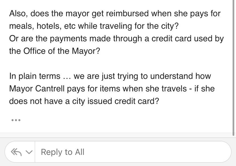 I did a public records request to the <a href="/CityOfNOLA/">The City Of New Orleans</a> asking for charges to city debit/credit cards by elected officials.Mayor Cantrell does not have a city issued credit card. We asked the city last week how the Mayor pays for things while traveling, but we don’t have an answer yet.