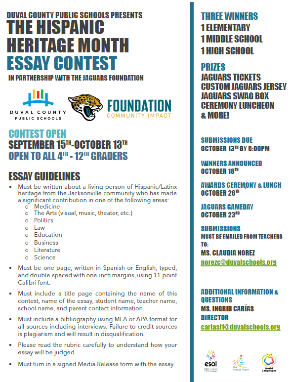 DualLanguageJax's tweet photo. The Hispanic Heritage Essay contest is open to all 4th-12th DCPS students now until October 13 at 5:00 p.m. The contest is presented in partnership with the Jacksonville Jaguars Foundation. Submissions may written in Spanish or English. https://t.co/JG7JAppW5s
