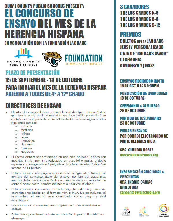 DualLanguageJax's tweet photo. El Concurso de ensayo sobre la Herencia Hispana está abierto a todos los estudiantes de DCPS del 4º a 12º hasta el 13 de octubre a las 5:00 p.m. El concurso se presenta en colaboración con la Fundacion de Jaguars. Los ensayos pueden ser escritas en español o inglés. https://t.co/Ov5Eqd3CmD