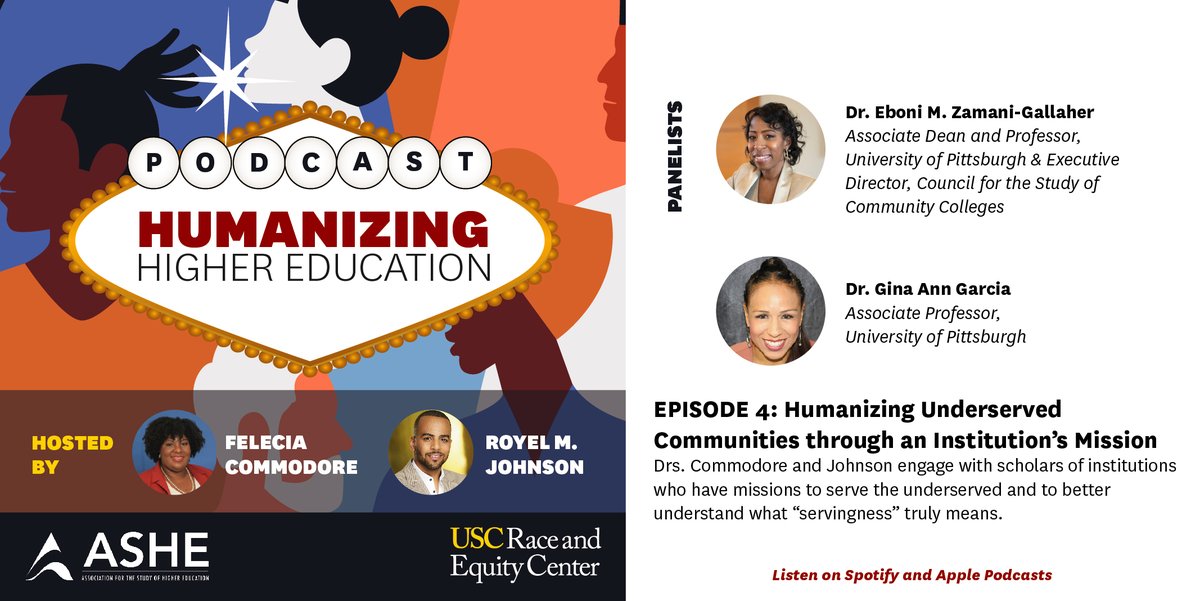 Episode 4 of the #ASHE2022 Podcast presented by <a href="/USCRaceEquity/">USC Race and Equity</a>, engages with scholars of institutions with missions to serve the underserved ft. Drs. <a href="/emzgallaher/">Eboni M. Zamani-Gallaher</a> &amp; @GinaAnnGarcia. Co-hosted by Drs. <a href="/FeleciaElana/">Felecia Commodore</a> <a href="/royeljohnson/">Dr. Royel M. Johnson</a>. To listen visit: ashe.ws/podcasts2022.