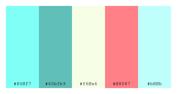ColPaletteBot's tweet photo. Beep beep, here's a pretty color palette for you!
color-scheme.js parameters used:
- hue: 358
- variation: light
- colors: #80fff7, #60bfb9, #f6ffe6, #ff8087, #bffffb
Have a lovely evening!
#twitterbot #colorpalette #colors #palette #prettycolors https://t.co/ROJ5WjAFWy